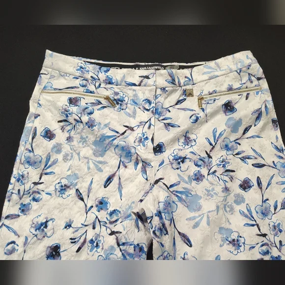 Karl Lagerfeld Women's White Blue Floral Jacquard Print Pants Slacks Size 10 - Picture 3 of 12